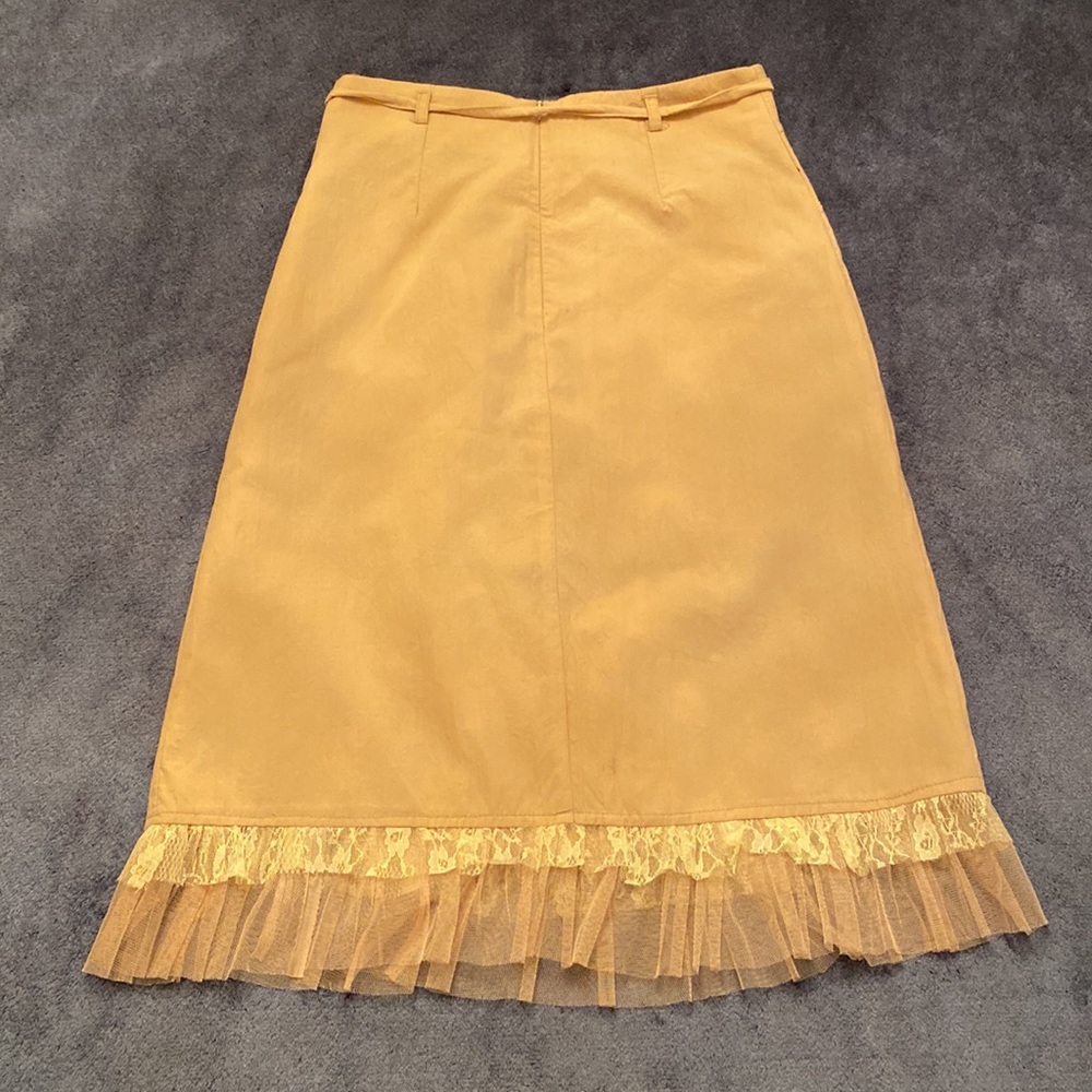 Beige Mini Heart Laser Cut Lace Mesh Ruffle Midi Skirt - Picture 7 of 9